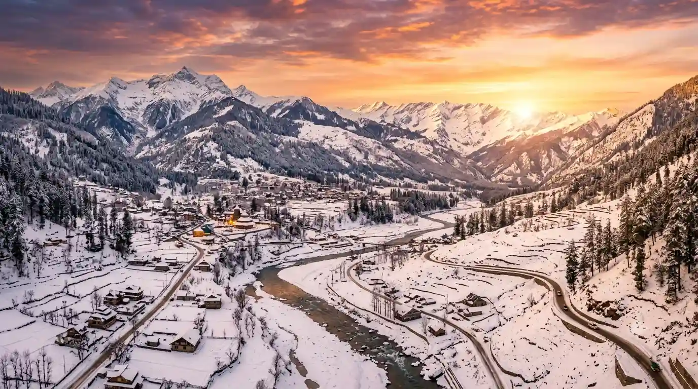Snow-covered mountains and valley in Manali during winter season