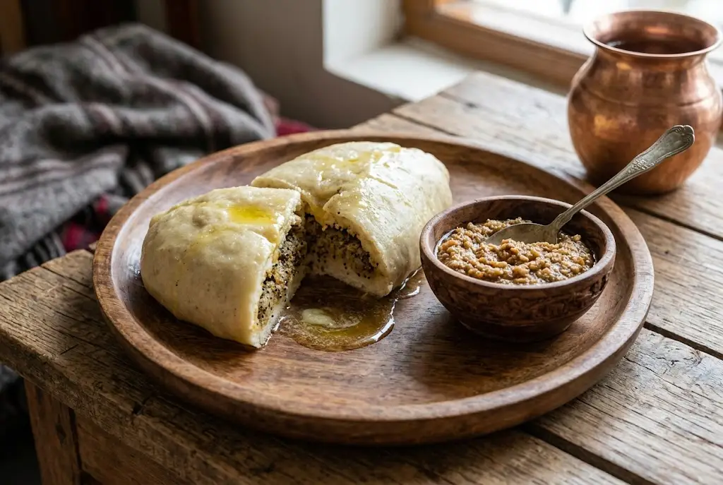 Himachali Siddu served with ghee and walnut chutney