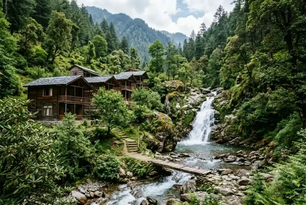 Jibhi wooden cottages and waterfall offbeat Himachal