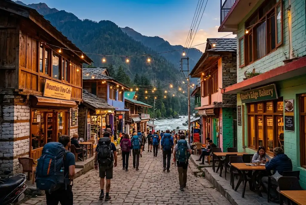 Kasol market with Israeli cafes in Parvati Valley