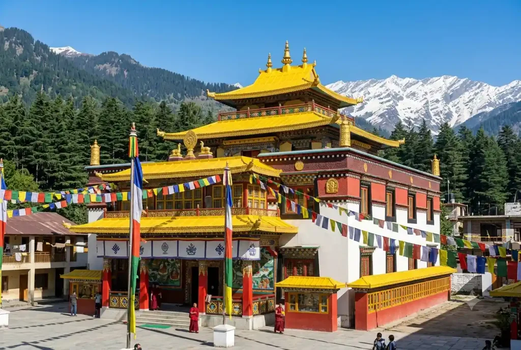 Manali Gompa yellow pagoda roof with prayer flags