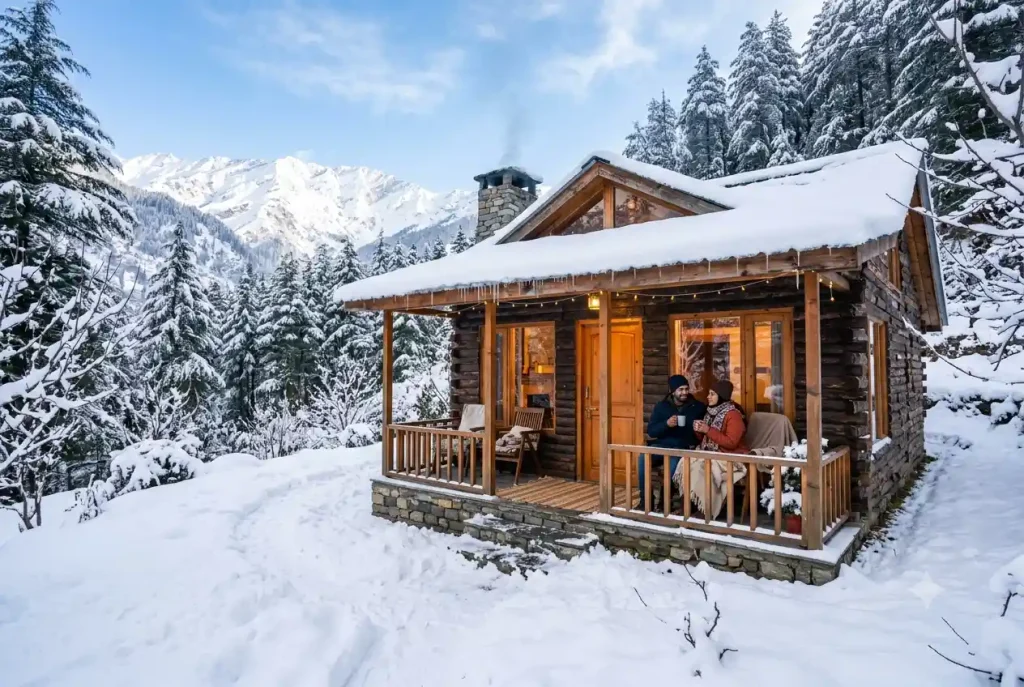 Snow-covered cottages in Manali popular for honeymoon trips