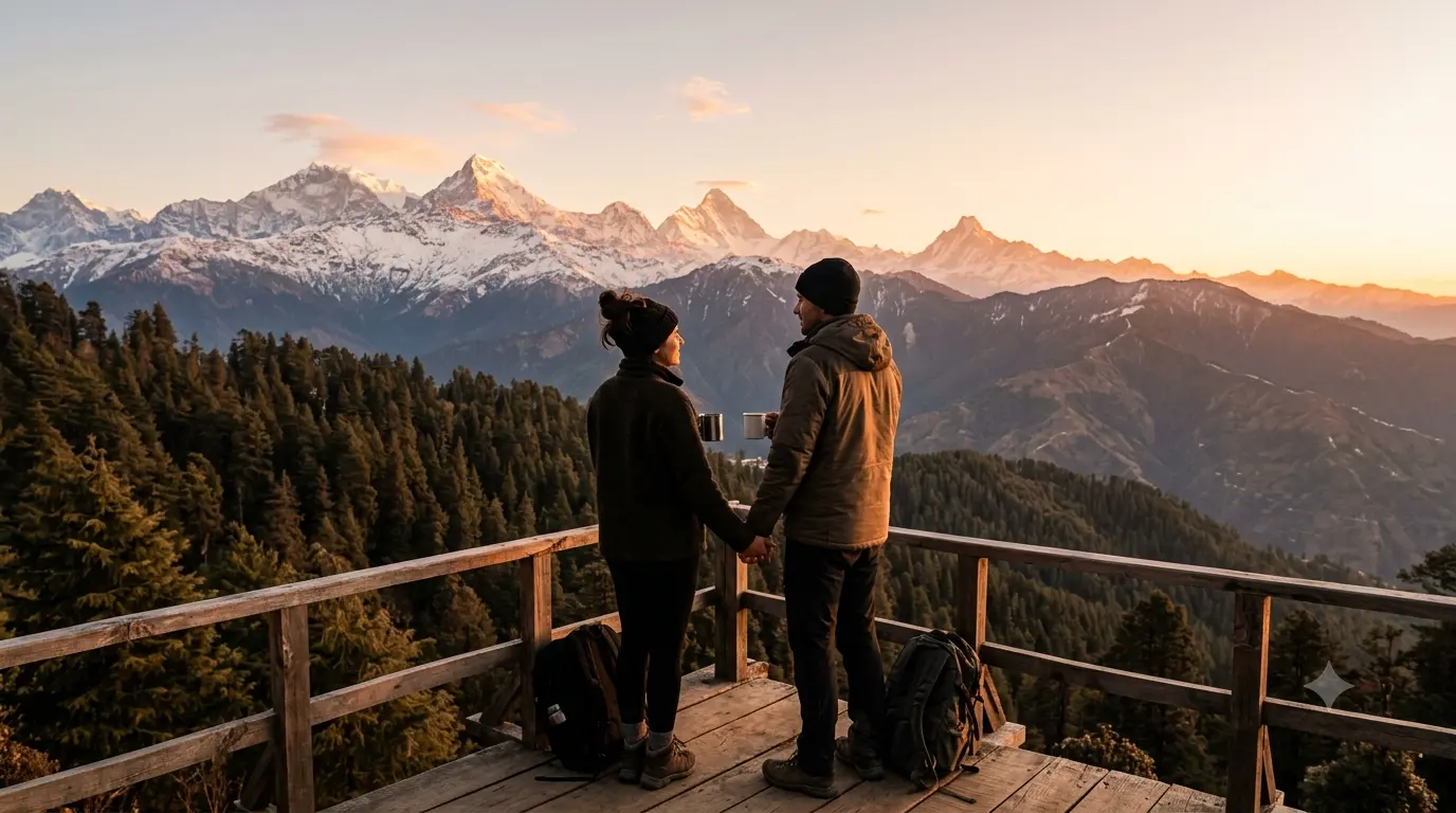 Couple enjoying Manali honeymoon trip with snow-capped mountains in background