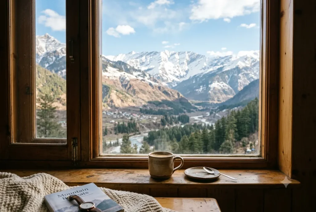 Hotel room view of Manali mountains with coffee cup