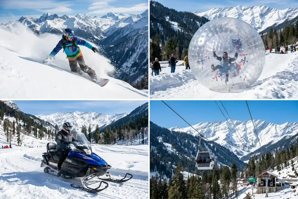 Manali snow activities - snowboarding, zorbing and snowmobile