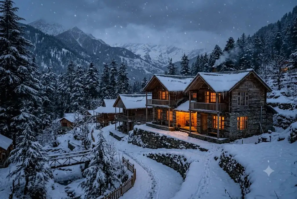 Snowfall in Manali during winter season
