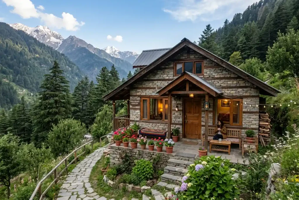 Himachali homestay cottage interior with mountain view