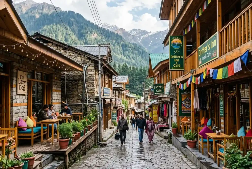 Old Manali cafe street with mountain view