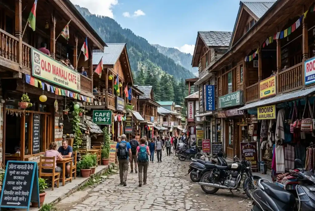 Old Manali street with cafes and budget guesthouses
