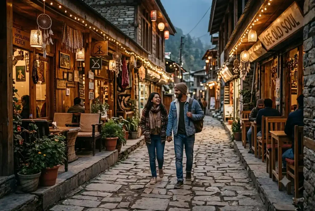Couple walking through cafes and streets of Old Manali