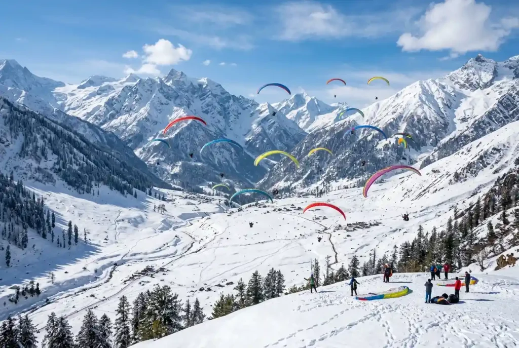 Couple enjoying paragliding and adventure activities at Solang Valley Manali