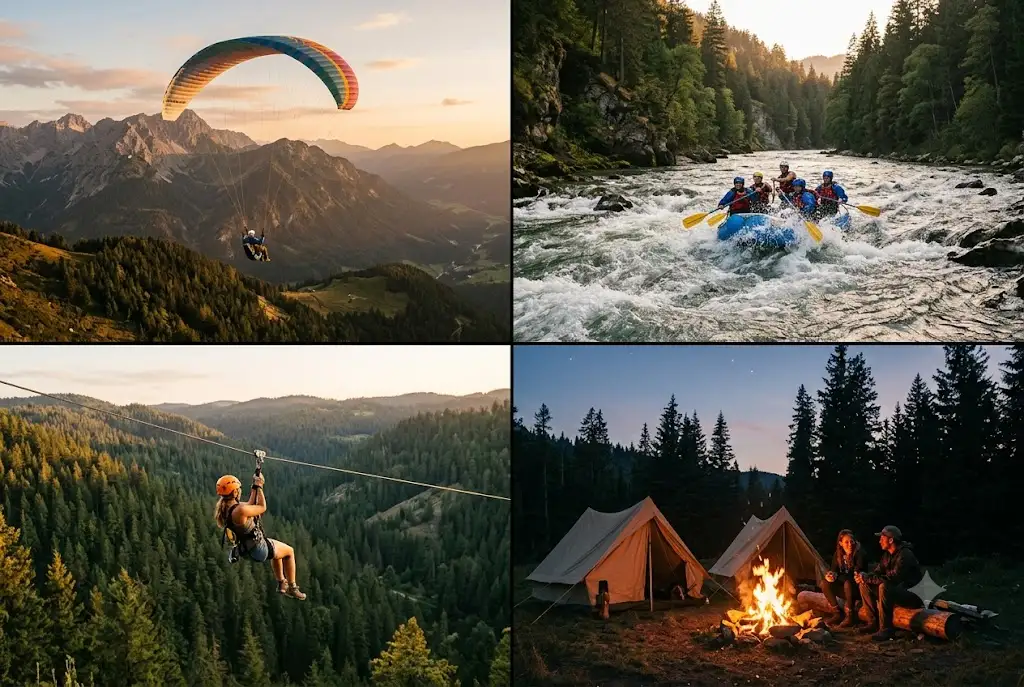 Collage of popular adventure activities in Manali including paragliding, rafting, zipline and camping