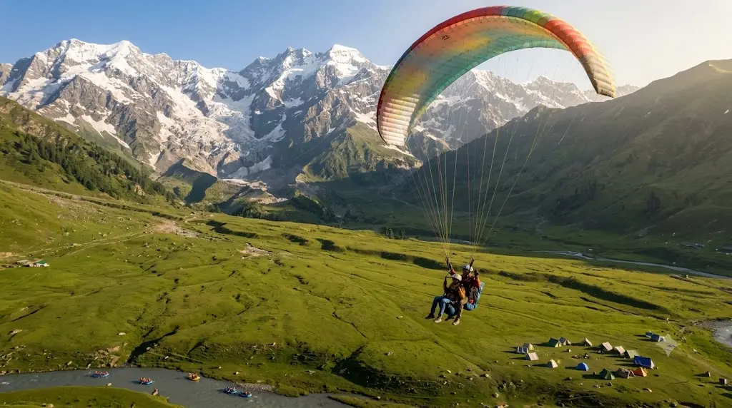 Tandem paraglider flying over Solang Valley, showcasing adventure sports in Manali