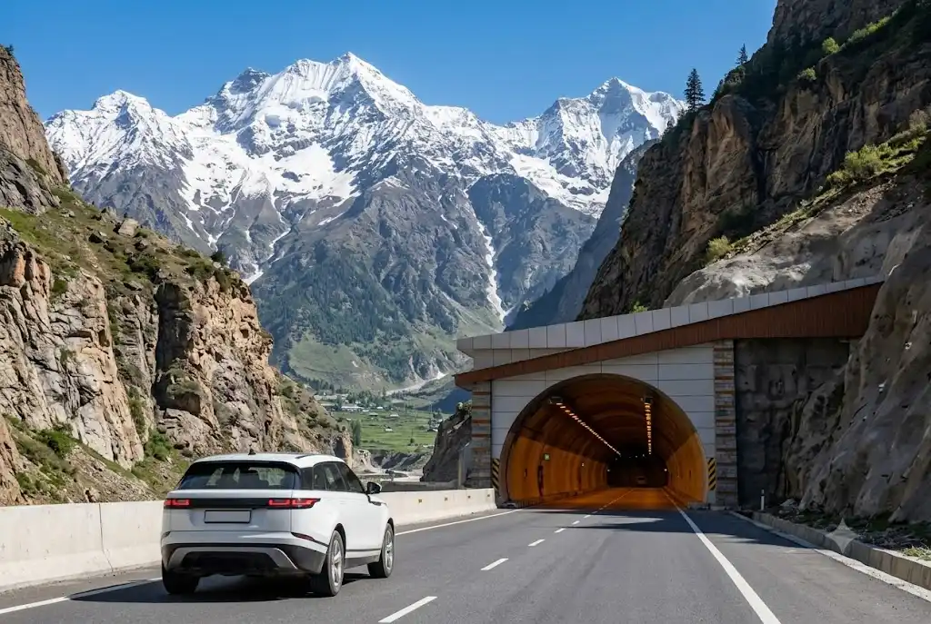 Car approaching the Atal Tunnel on a Manali itinerary with Atal Tunnel and Sissu