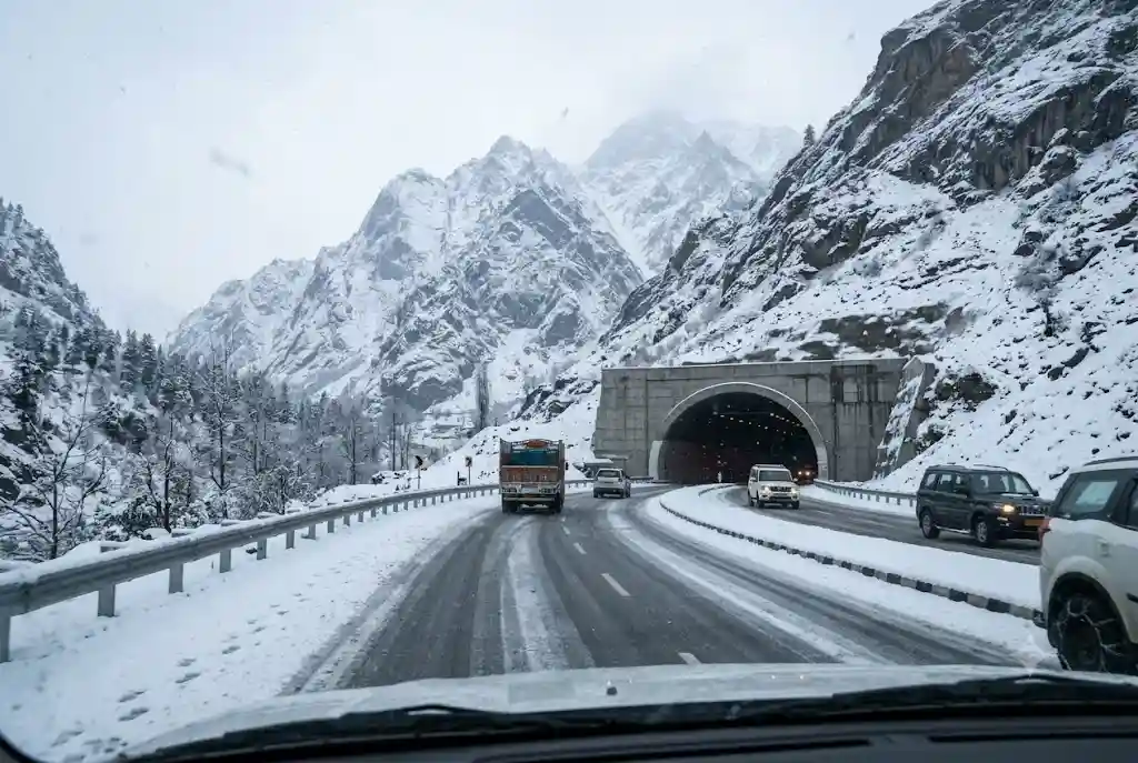 Snow near the Atal Tunnel approach on the way to Sissu in Lahaul
