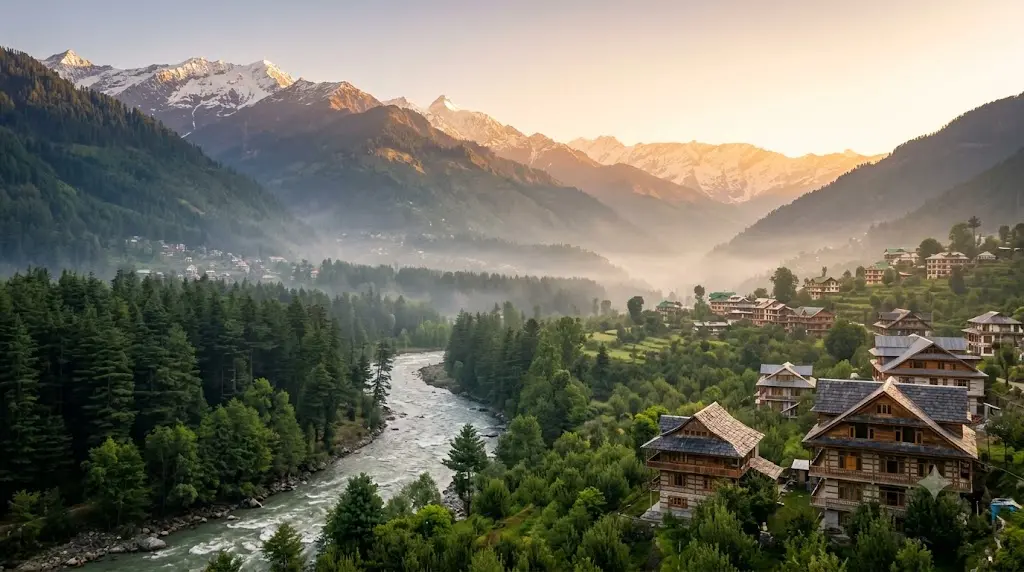 Sunrise view of Manali valley with snow-capped peaks and Beas river, one of the best places to visit in Manali