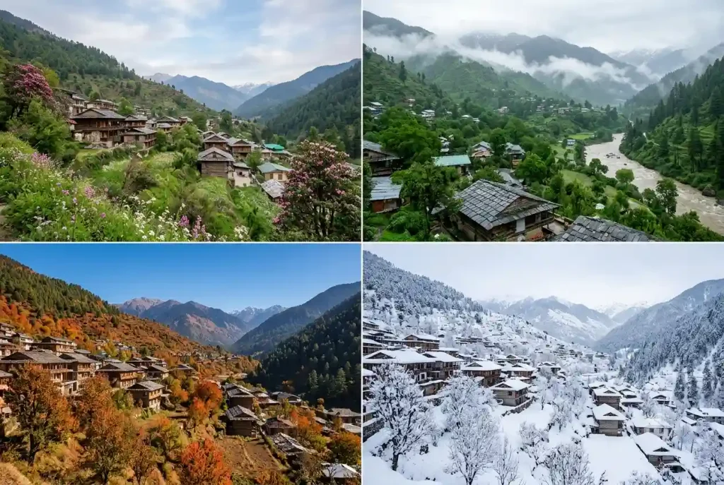 Shimla in four seasons: spring blooms, monsoon clouds, autumn colors and winter snowfall