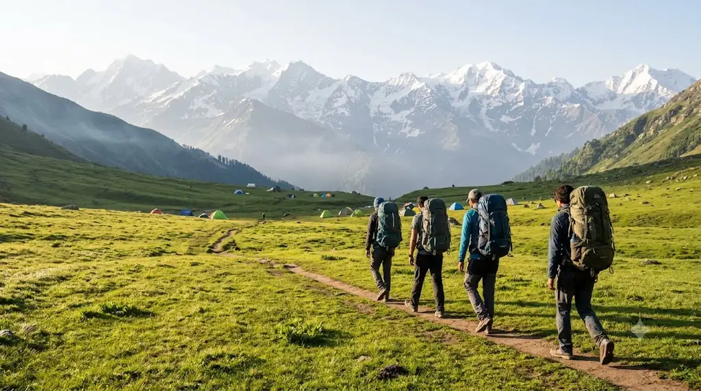 Trekkers walking through alpine meadows on a trek near Manali with snow peaks behind