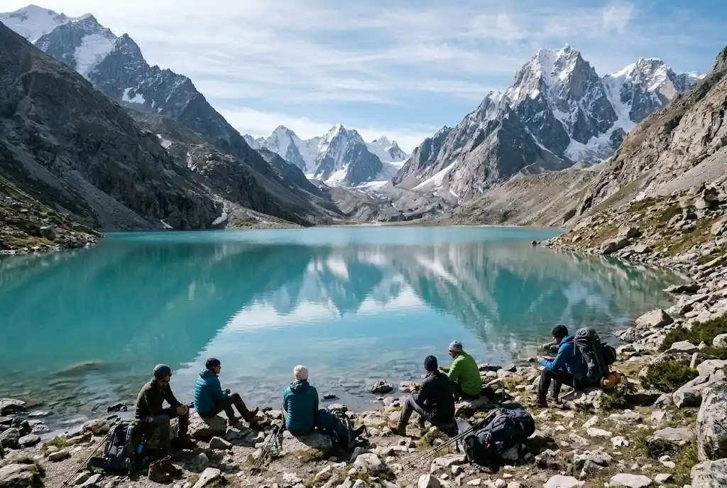 Bhrigu Lake at 14,000 ft with snow patches during the Bhrigu Lake trek from Manali