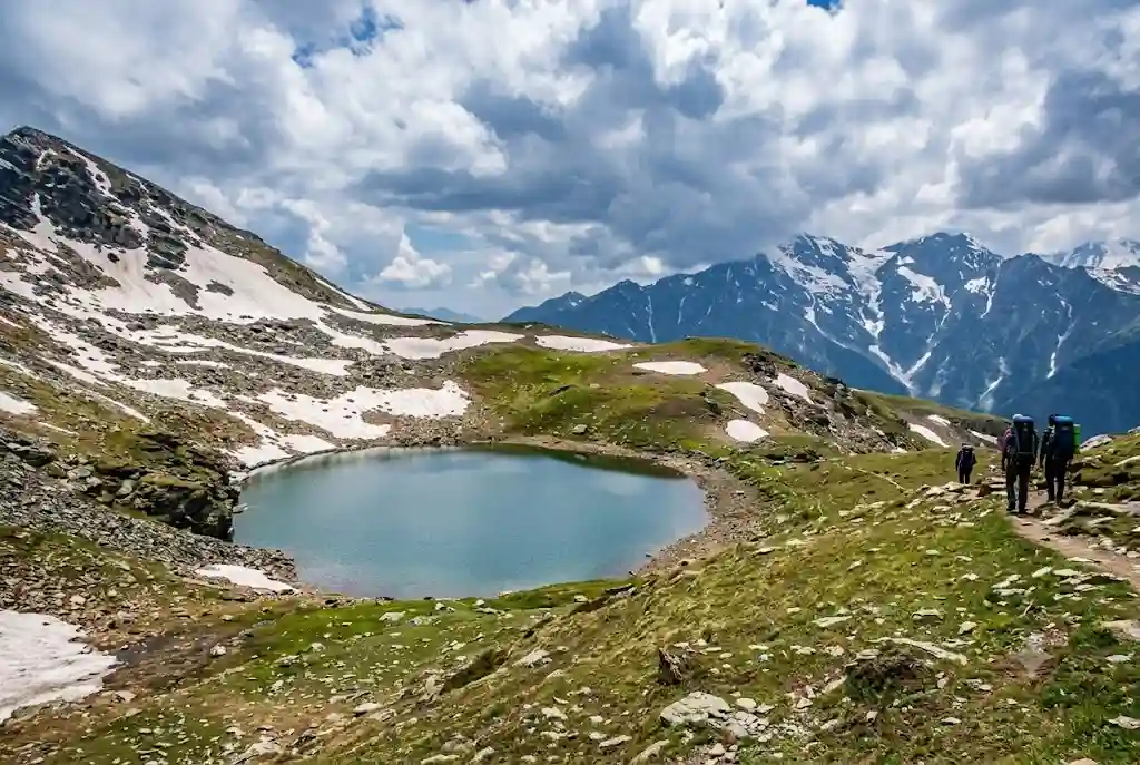 Trekkers near Bhrigu Lake meadow, an unexplored place for nature lovers near Manali