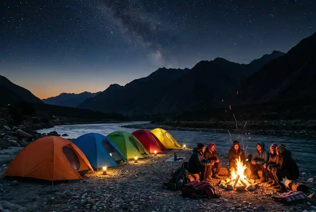 Bonfire and tents at a riverside campsite for camping in Manali