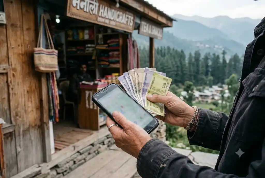 Traveller checking phone network and carrying cash in Manali