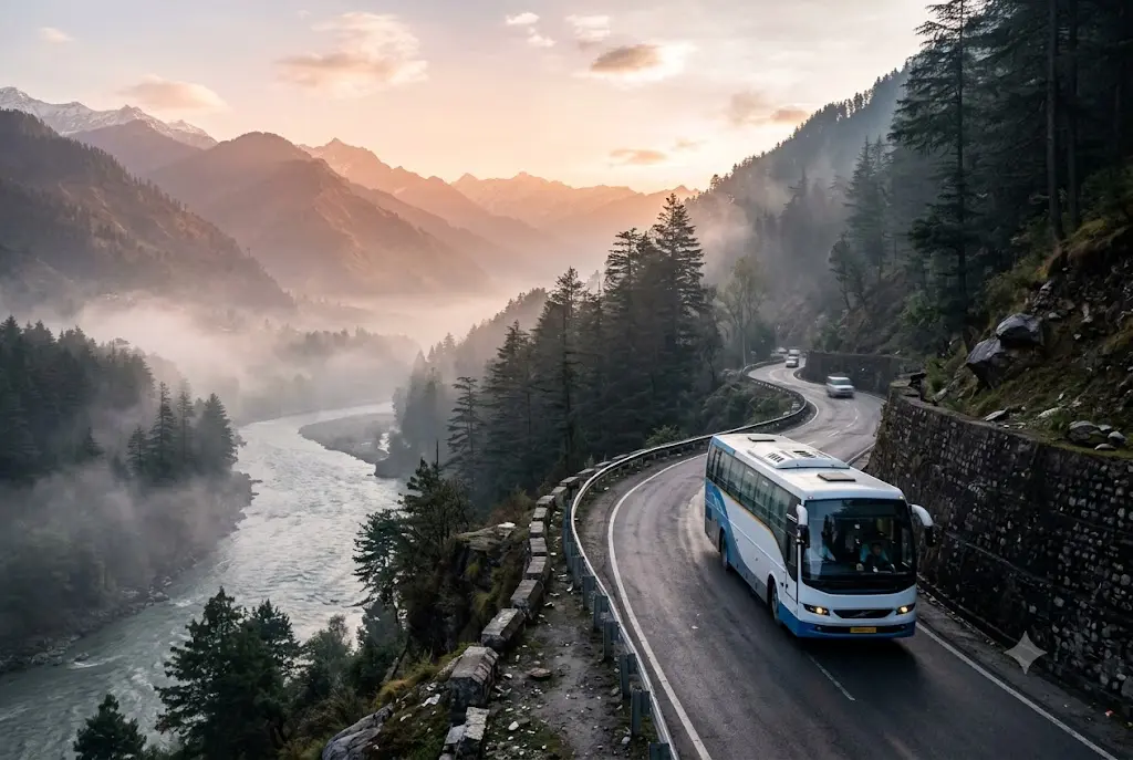 Overnight Volvo bus on the Delhi to Manali highway beside the Beas River at sunrise