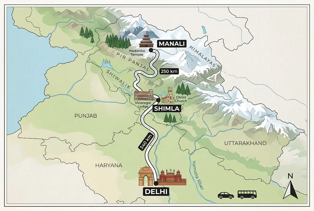 Delhi to Shimla and Manali road route distance