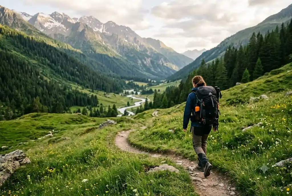 Trekking trail from Dhundi through meadows on the Beas Kund trek