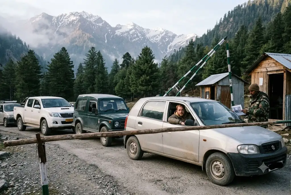Tourists showing a printed Rohtang Pass vehicle permit at a mountain checkpoint