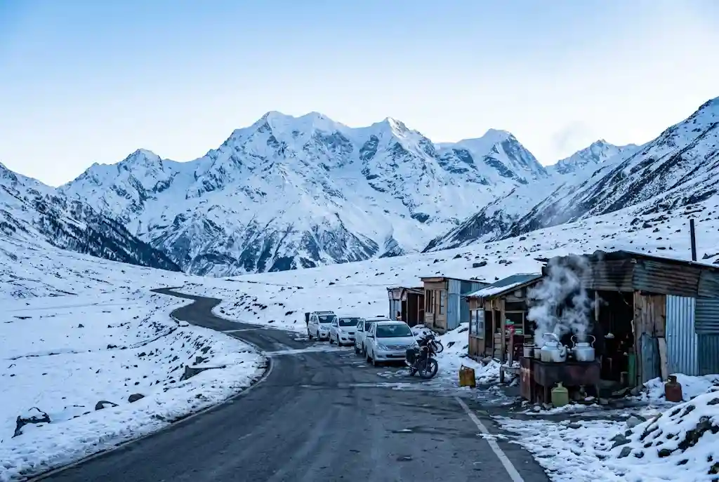 Gulaba Manali snowy road towards Marhi and Rohtang with Kothi village below