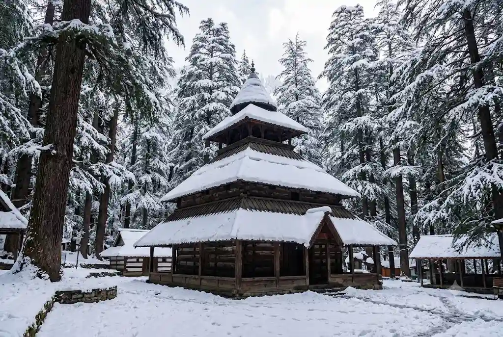 Hadimba Temple surrounded by snow-laden deodar trees in Manali