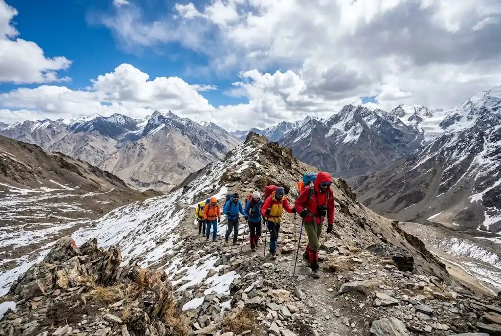Trekkers crossing Hampta Pass at 14,000 ft during the Hampta Pass trek from Manali