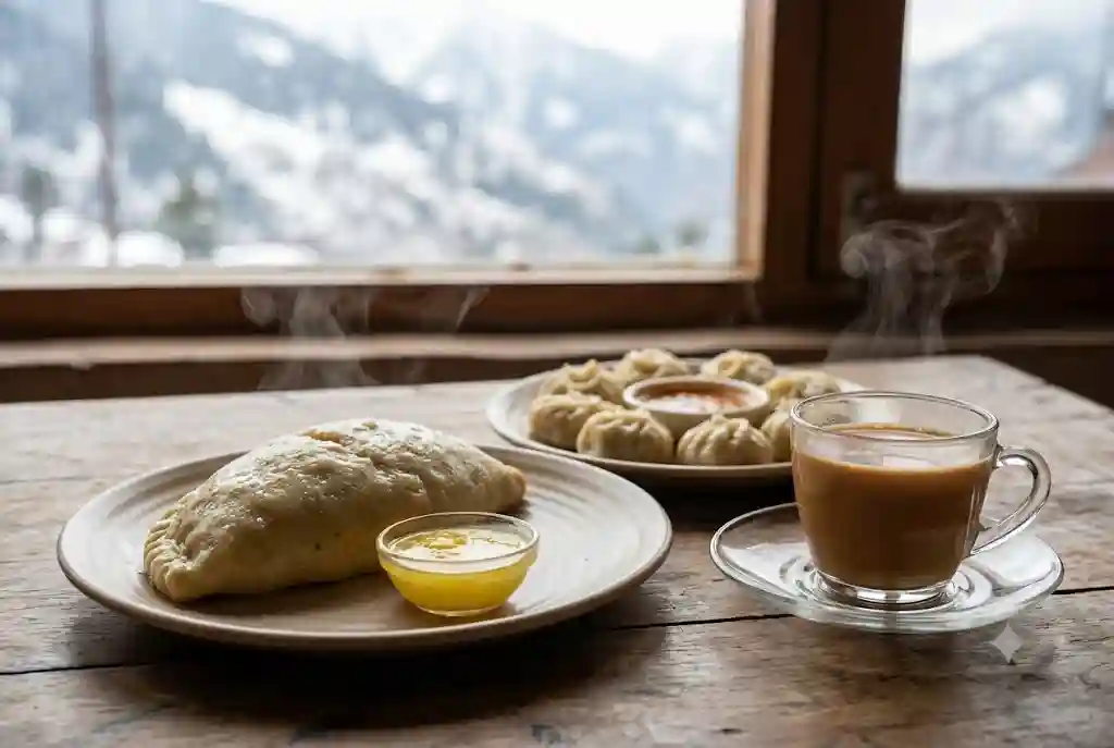 Hot siddu, momos and chai, a cozy meal during snowfall in Manali