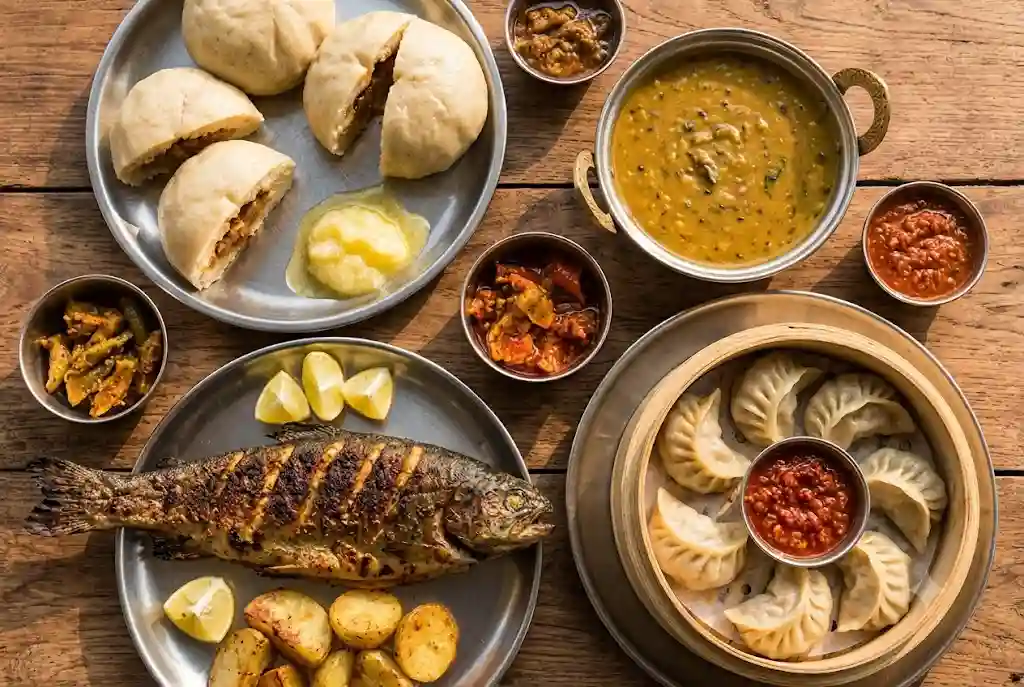 Local Himachali food in Manali including siddu, trout and momos