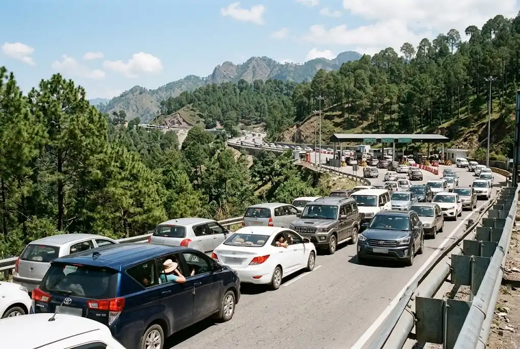 Long weekend traffic queue near the Himachal entry toll plaza on the way to Shimla