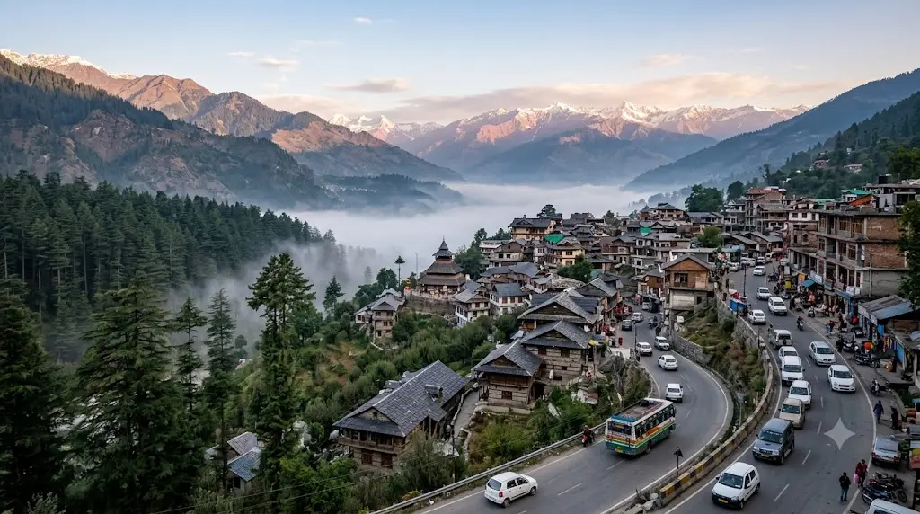 Shimla hill town showing calm pine ridges and a busy road, featured image for is Shimla worth visiting