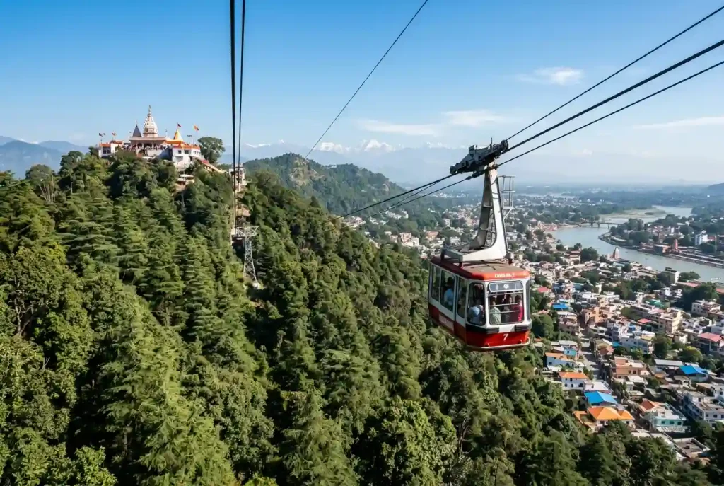 Jakhu ropeway cabin above pine forest heading to Jakhu Temple in Shimla