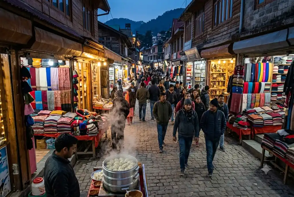 Mall Road Manali evening walk with woollen shops and street food stalls