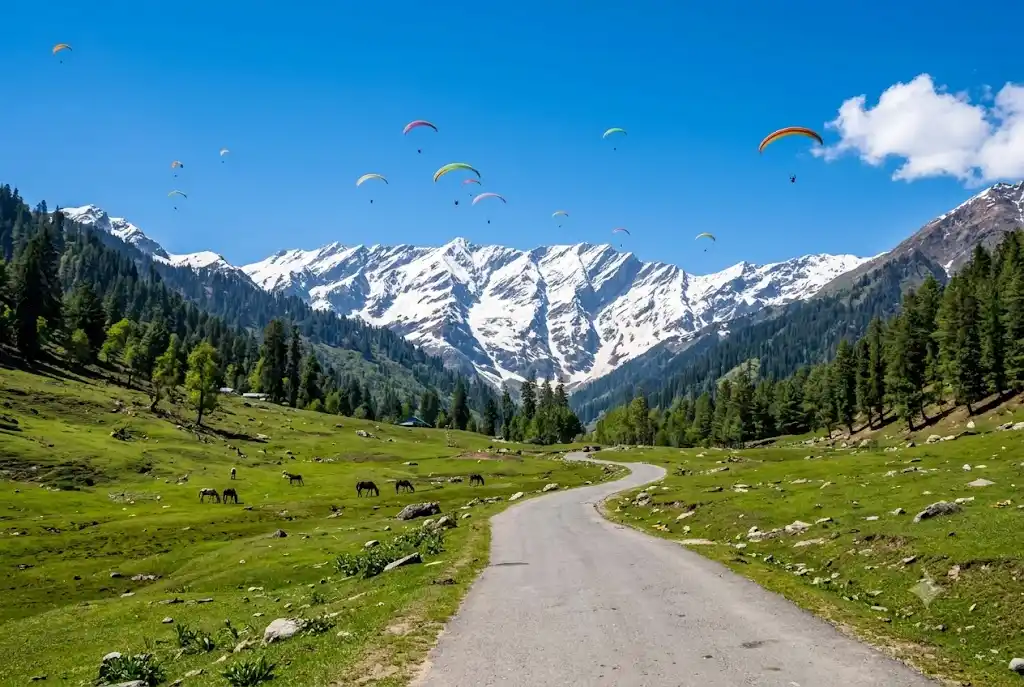 Road leading from Manali towards Solang Valley with paragliders and snow-covered mountains