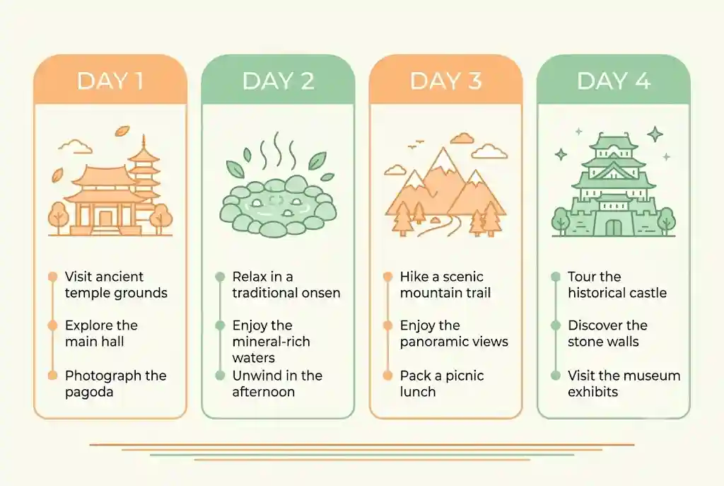 Simple 4-day Manali sightseeing plan covering temples, hot springs, Solang and Naggar