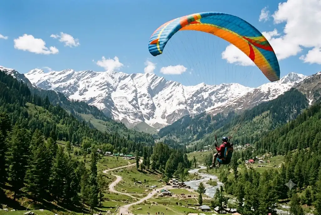 Paraglider over Solang Valley, one of the popular Manali activity prices travellers budget for
