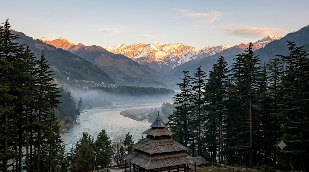 Snow-capped peaks above Manali valley with a wooden pagoda temple among deodar trees