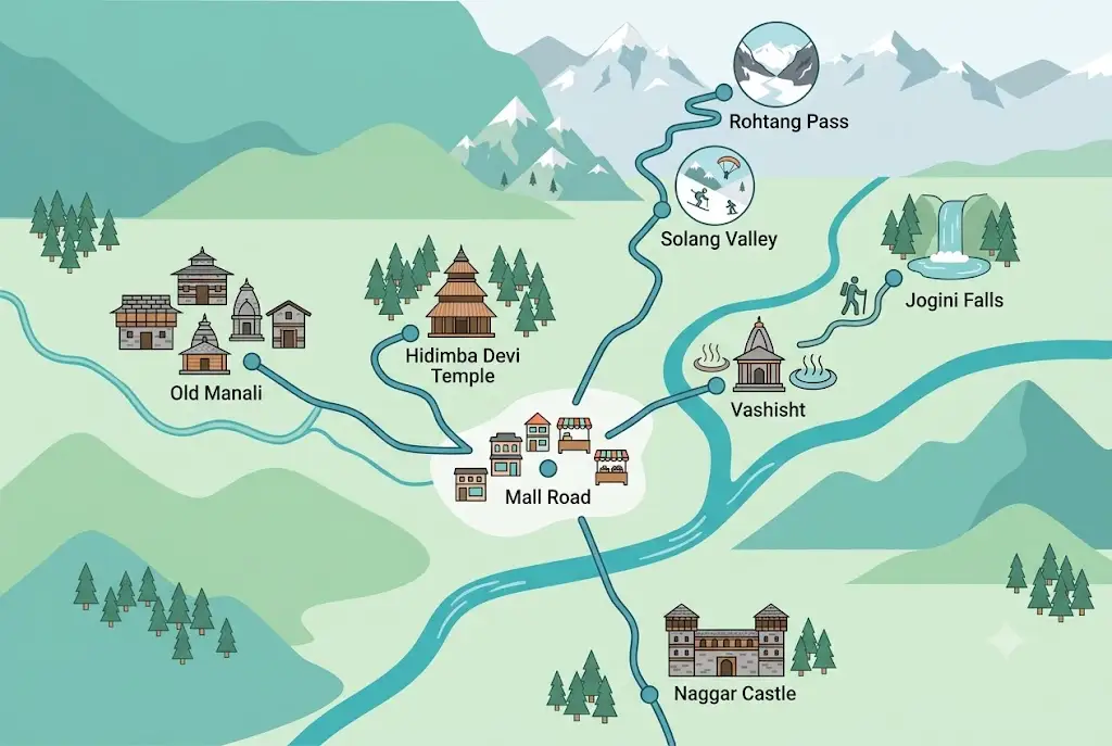 Illustrated map of Manali showing approximate distances from Mall Road to Old Manali, Vashisht, Solang Valley and Rohtang Pass