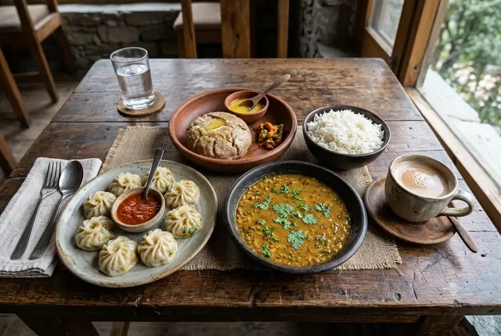 Momos, siddu and chai on a wooden table showing typical Manali food cost at a local café