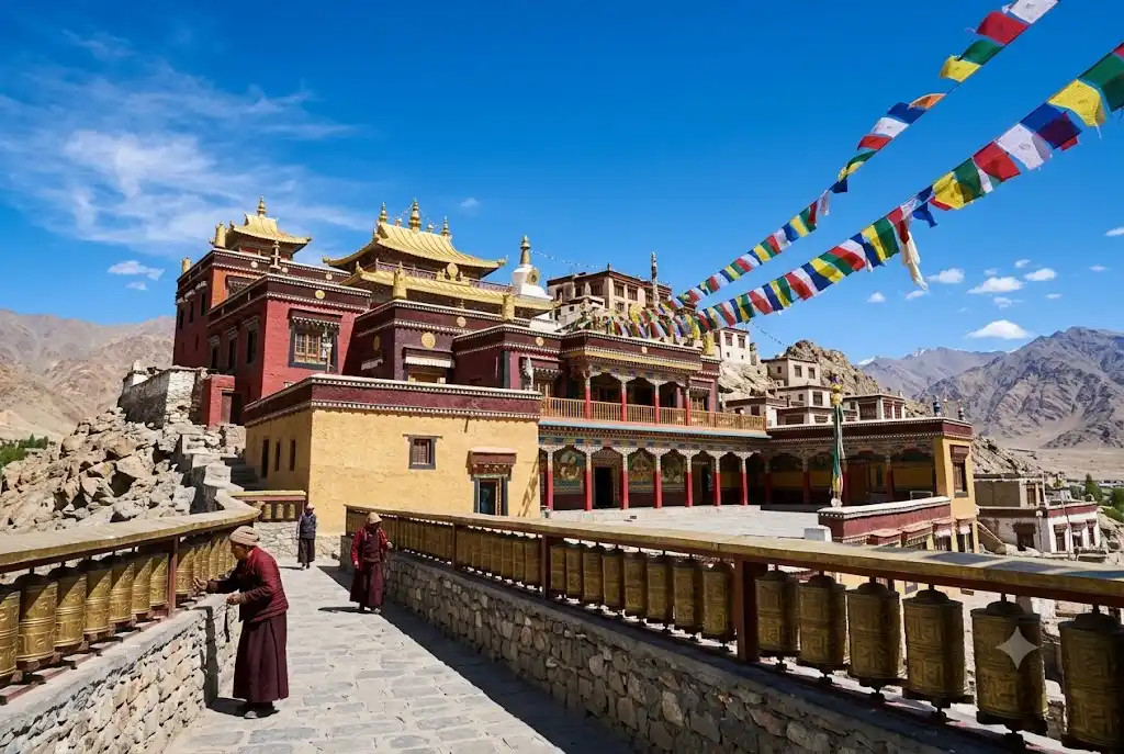 Manali Gompa Tibetan monastery with golden roof and prayer wheels