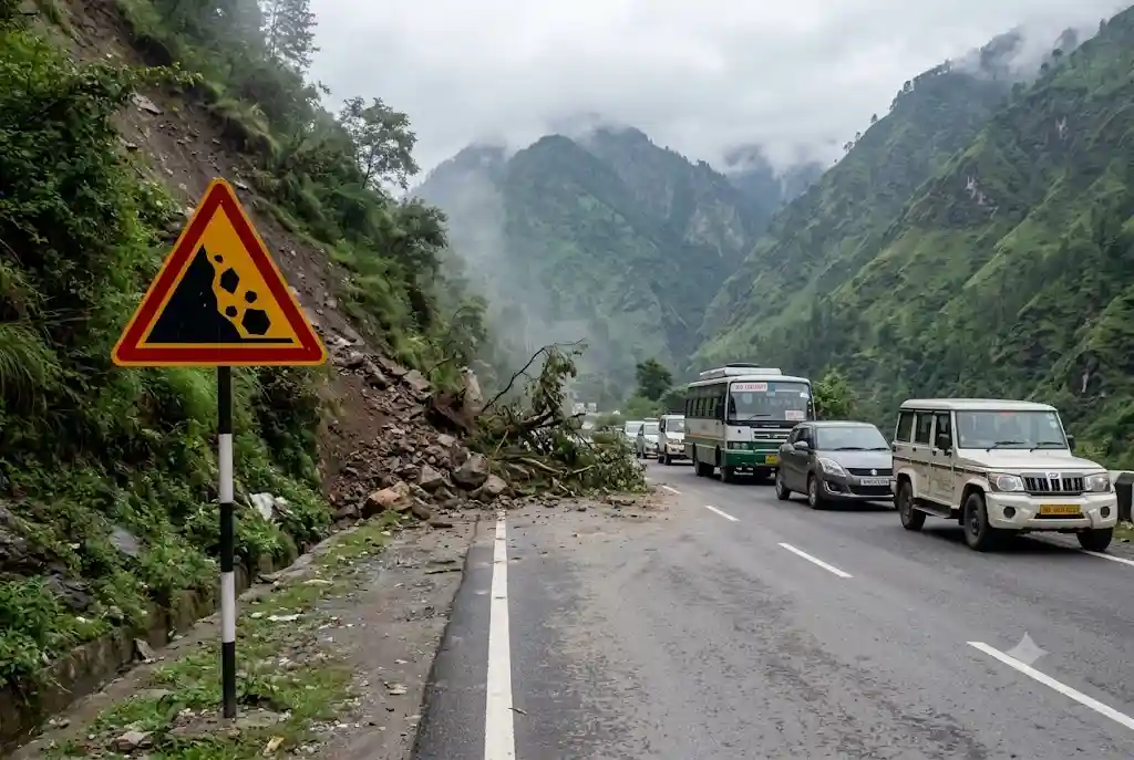 Landslide debris on the Chandigarh-Manali highway during monsoon season