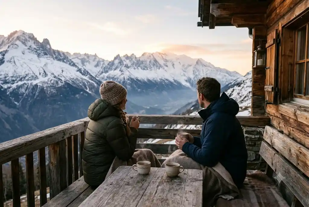 Couple enjoying tea at a mountain cottage on a Manali honeymoon