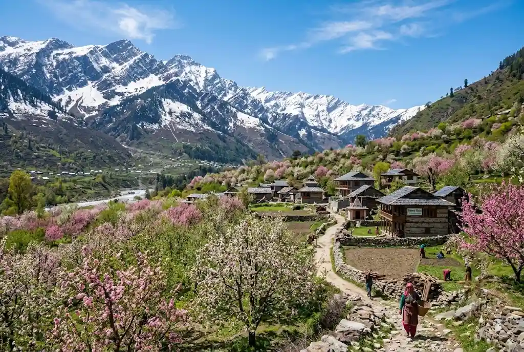 Blossoming orchards in Manali in April weather with snow-capped hills behind