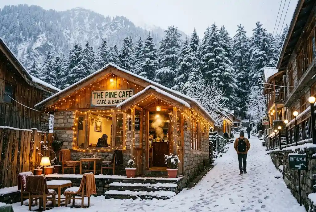 Snowy cafe street in Manali in December weather
